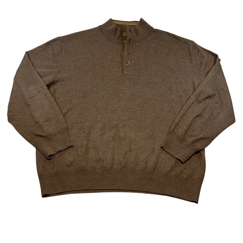 Orvis Mens XXL Brown 100% Merino Wool‎ Quarter Button Mock Neck Sweater
